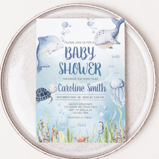 Blauw onder de zee baby shower kaart