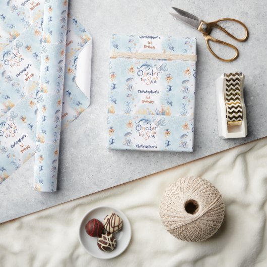 Blauw Onder de zee eerste verjaardag Sticker Cadeaupapier (Crafts)