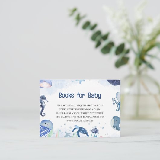 Blauw Onder het zee baby shower Book Enclosure Kaa Informatiekaartje (Staand voorkant)