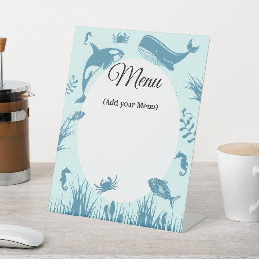 Blauw Onder het Zee Baby shower Menu Sign Reclamebord Met Voetstuk (Insitu)