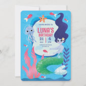 Blauw onder het Zee, Blauwe Zeemeermin Birthday Kaart (Voorkant)