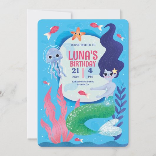 Blauw onder het Zee, Blauwe Zeemeermin Birthday Kaart (Voorkant)