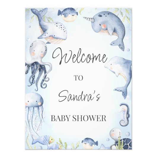 Blauw onder het Zee Creatures boys Baby shower Sig Foto Afdruk (Voorkant)