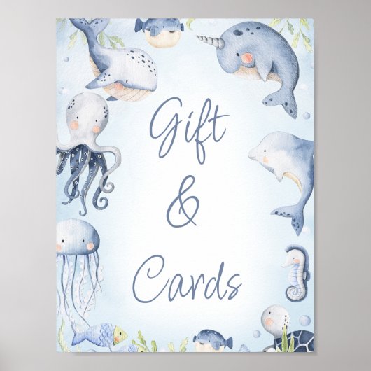 Blauw onder het Zee Creatures boys Baby shower Sig Poster (Voorkant)