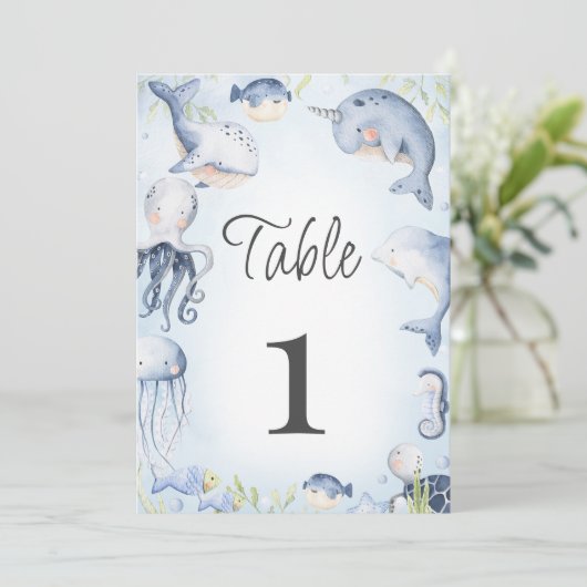 Blauw Onder het Zee Jongens Baby shower Tafelnumme Kaart (Staand voorkant)