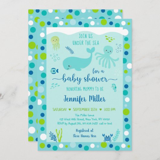 Blauw onder het Zee Nautical Whale Baby shower Kaart (Voorkant / Achterkant)