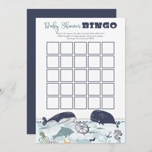 Blauw onder het Zee Ocean Theme Baby shower Bingo Kaart (Voorkant / Achterkant)