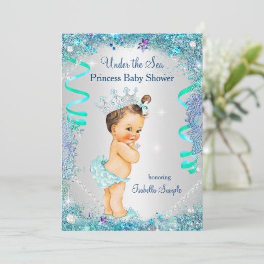 Blauw onder het Zee prinses Baby shower Brunette Kaart (Staand voorkant)