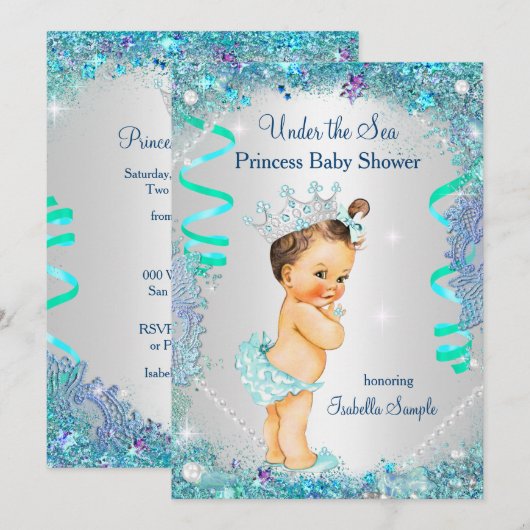 Blauw onder het Zee prinses Baby shower Brunette Kaart (Voorkant / Achterkant)