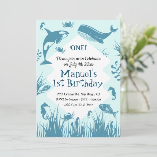 Blauw Onder het Zee Verjaardagsfeest Kaart (Staand voorkant)