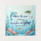 Blauw Onder het Zee Verjaardagsfeest Welkom Achter Wandkleed (Voorkant)