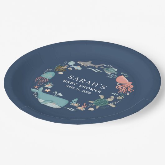 Blauw Onder het Zeeen Baby shower Classic Ronde St Papieren Bordje (Gekanteld)