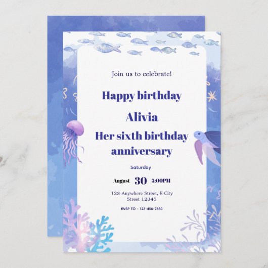 Blauw onder water kinderen verjaardag uitnodigings kaart (Voorkant / Achterkant)