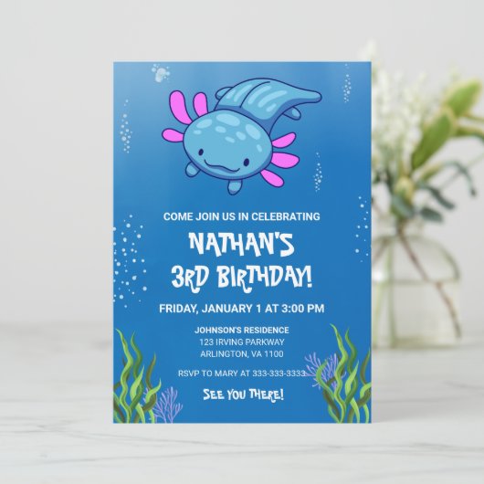 Blauw Onderwater Axolotl Kinder Jongens Leuke Verj Kaart (Staand voorkant)