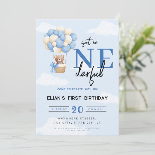 Blauw Onederful Hot Air Ballon jongen 1e verjaarda Kaart (Staand voorkant)