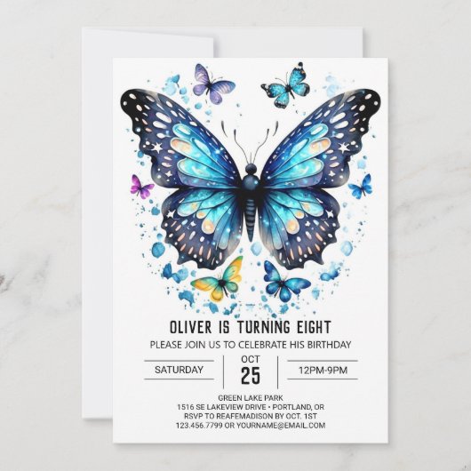 Blauw online vlinder jongen verjaardag kaart (Voorkant)