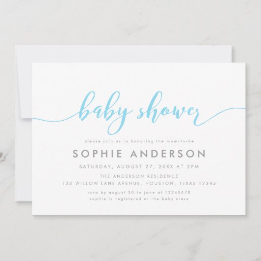 Blauw Ontspannen Script Baby Borrel Kaart (Voorkant)