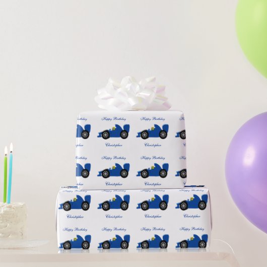 Blauw ontwerp raceauto verjaardagscadeau cadeaupapier (Feestgeschenken)