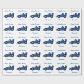 Blauw ontwerp raceauto verjaardagscadeau cadeaupapier (Vlak)