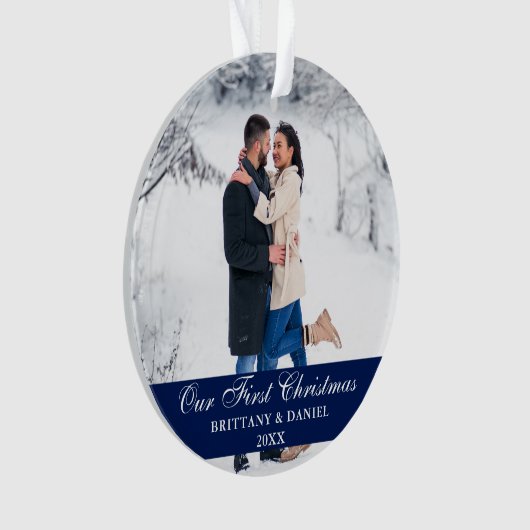 Blauw onze eerste kerstfeestelijke foto ornament (voorkant)