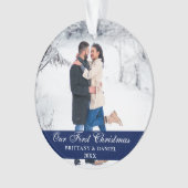 Blauw onze eerste kerstfeestelijke foto ornament (voorkant)