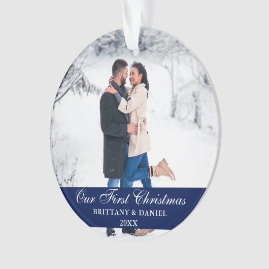 Blauw onze eerste kerstfeestelijke foto ornament (voorkant)