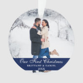 Blauw onze eerste kerstfeestelijke foto ornament (voorkant)