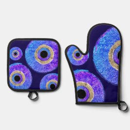 Blauw oog bescherming tegen het boze oog ovenwant & pannenlap set