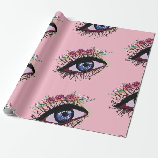Blauw oog en bloemen inpakpapier (Uitgerold)