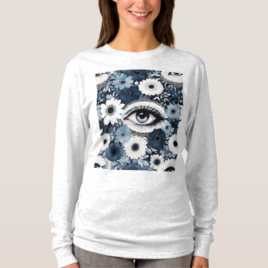 Blauw oog en wimpers Boho Floral T-shirt (Voorkant)
