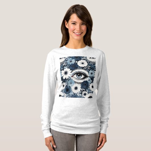 Blauw oog en wimpers Boho Floral T-shirt (Voorkant volledig)