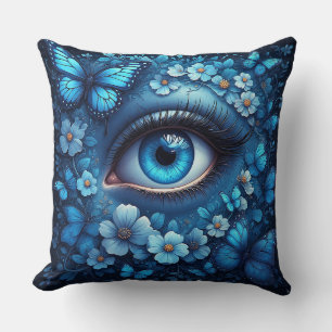 Blauw Oog Omringd Door Bloemen En Vlinders Kussen