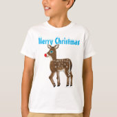 Blauw Oogrood Neus Rendier Vrolijk Kerstfeest T-shirt (Voorkant)