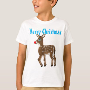 Blauw Oogrood Neus Rendier Vrolijk Kerstfeest T-shirt