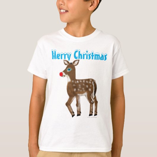 Blauw Oogrood Neus Rendier Vrolijk Kerstfeest T-shirt (Voorkant)