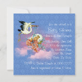 Blauw Ooievaar Baby Shower Kaart (Achterkant)