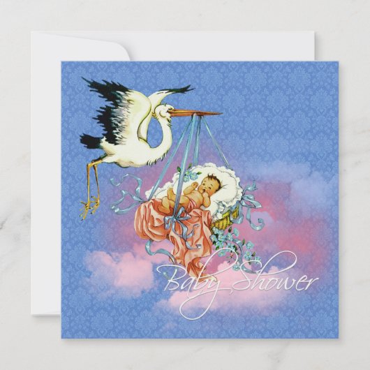 Blauw Ooievaar Baby Shower Kaart (Voorkant)
