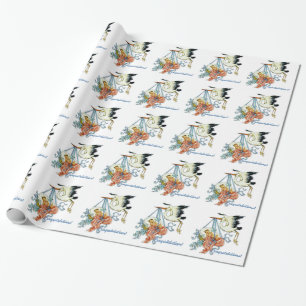 Blauw Ooievaar Vintage Babyfeest Inpakpapier