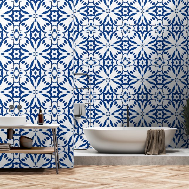Blauw oosters decor behang (Badkamer)