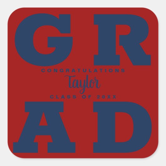 Blauw op donkerrood Afstuderen Vierkante Sticker (Voorkant)