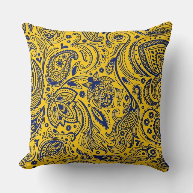 Blauw op geel  Paisley Kussen (Voorkant)