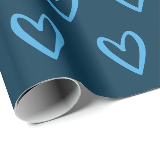 Blauw op Pruisblauw handgetekende harten Cadeaupapier (Rol Hoek)