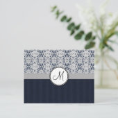 Blauw op Silver Damask w Navy Stripes en Monogram Briefkaart (Staand voorkant)