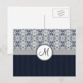 Blauw op Silver Damask w Navy Stripes en Monogram Briefkaart (Voorkant / Achterkant)