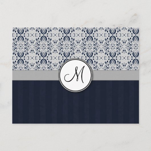 Blauw op Silver Damask w Navy Stripes en Monogram Briefkaart (Voorkant)