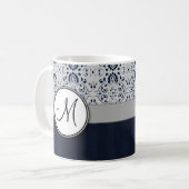 Blauw op Silver Damask w Navy Stripes en Monogram Koffiemok (Voorkant links)