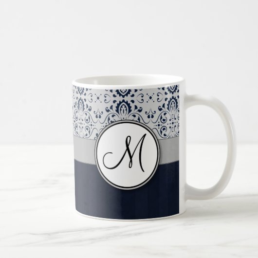 Blauw op Silver Damask w Navy Stripes en Monogram Koffiemok (Rechts)
