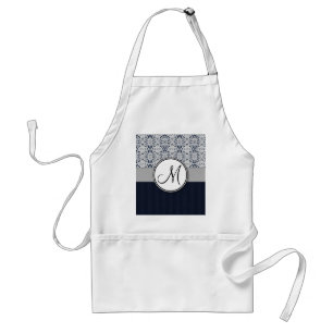 Blauw op Silver Damask w Navy Stripes en Monogram Standaard Schort