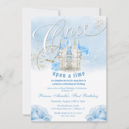 Blauw op tijd prinses Birthday Uitnodiging (Voorkant)