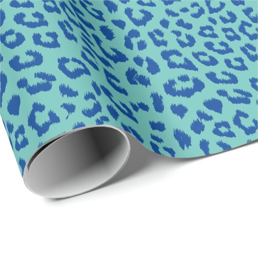 Blauw op turquoise luipaard print patroon cadeaupapier (Rol Hoek)